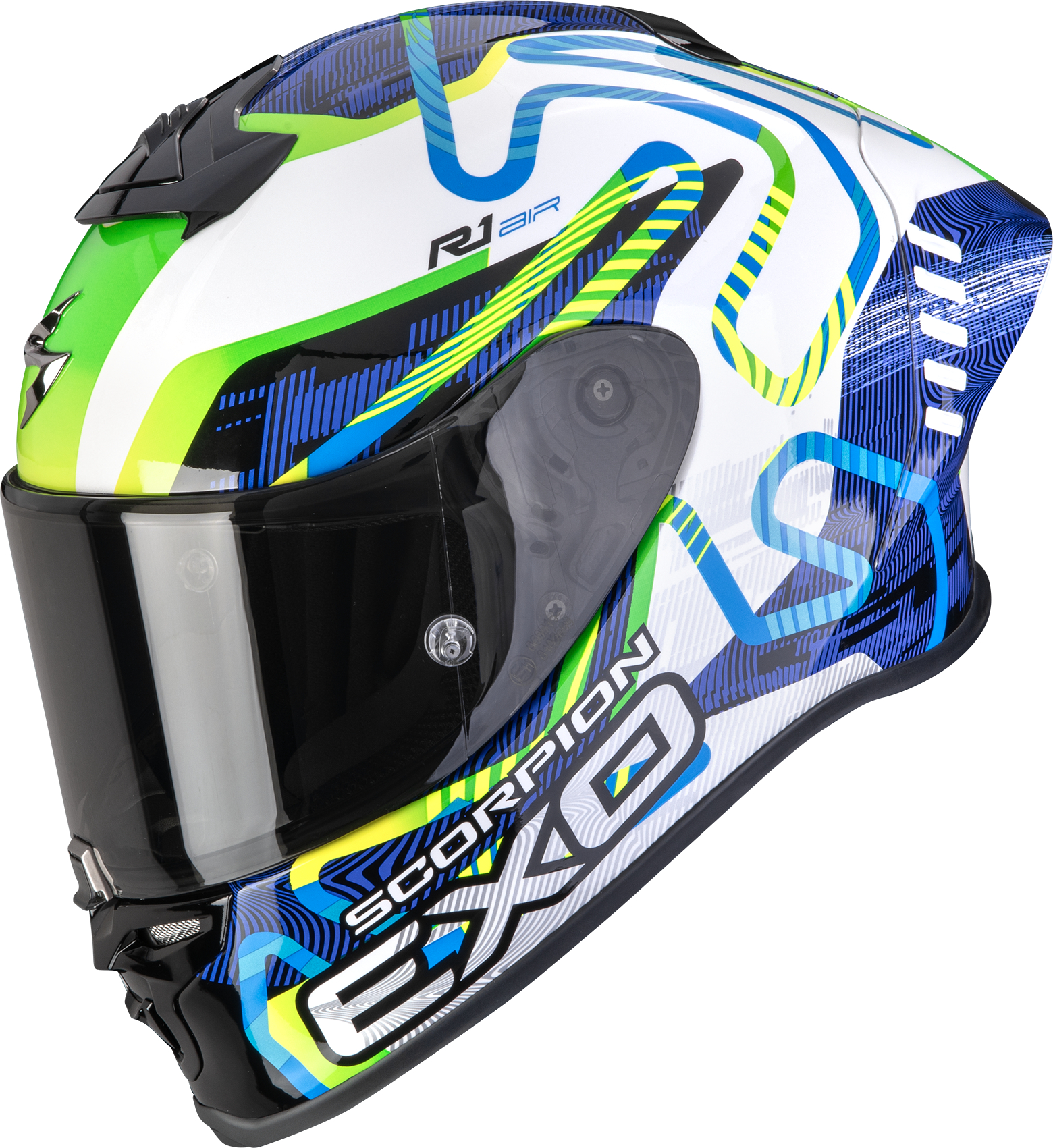 Casque intégral SCORPION EXO-R1 Evo II Air Cornering Blanc-Bleu-Vert