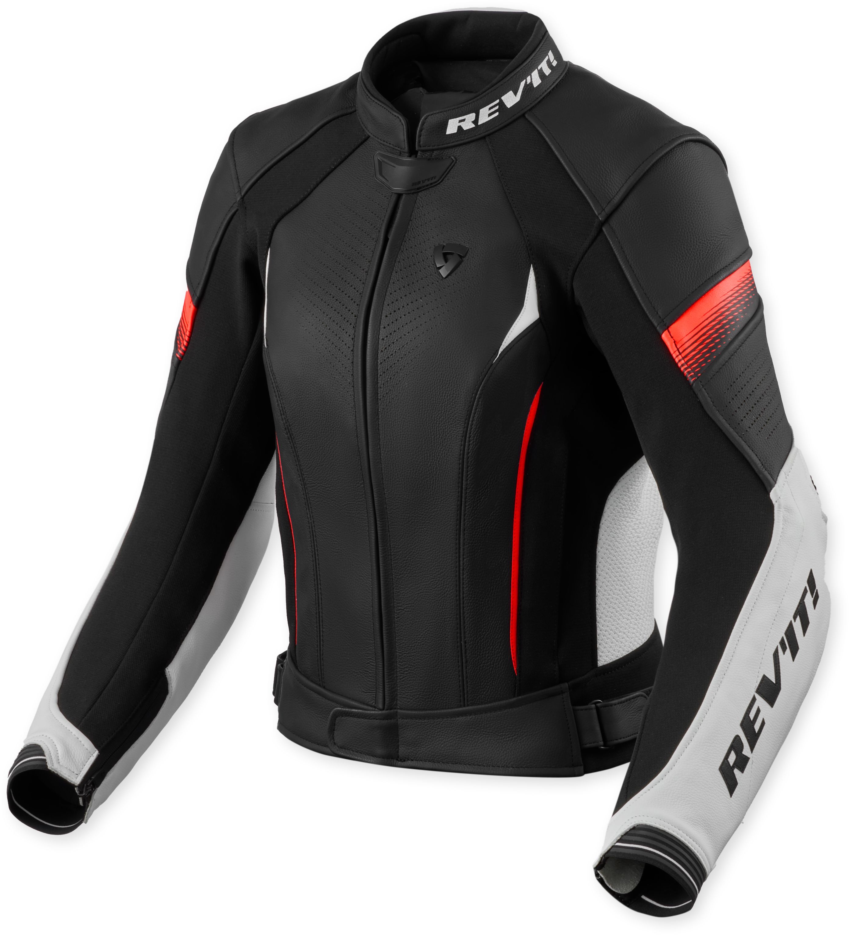 Women's leather motorcycle jacket REV'IT! Xena 4 Lady White - Fluorescent red