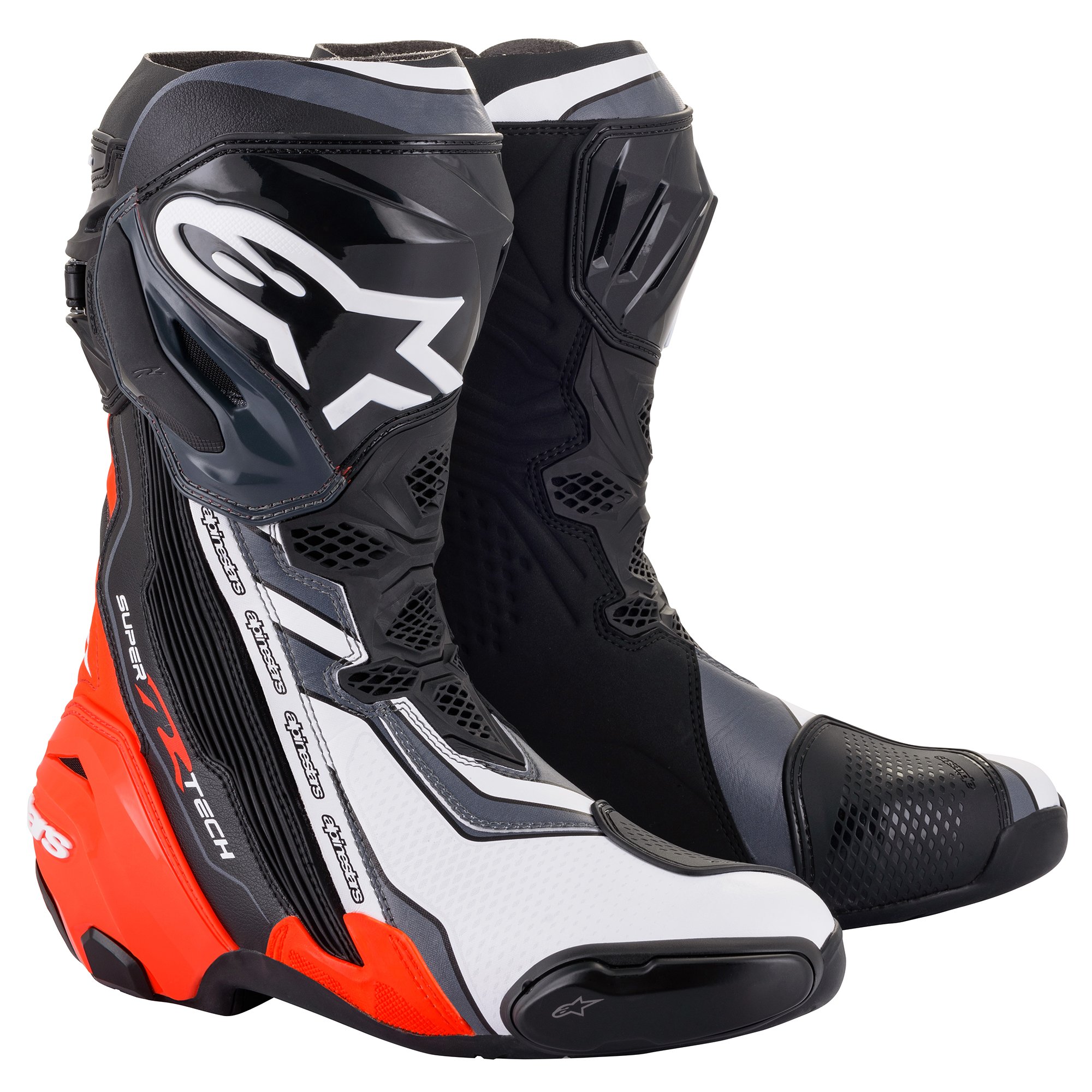 ALPINESTARS Supertech R Boots, Sport motorlaarzen, Zwart-Rood Fluo-Wit-Grijs