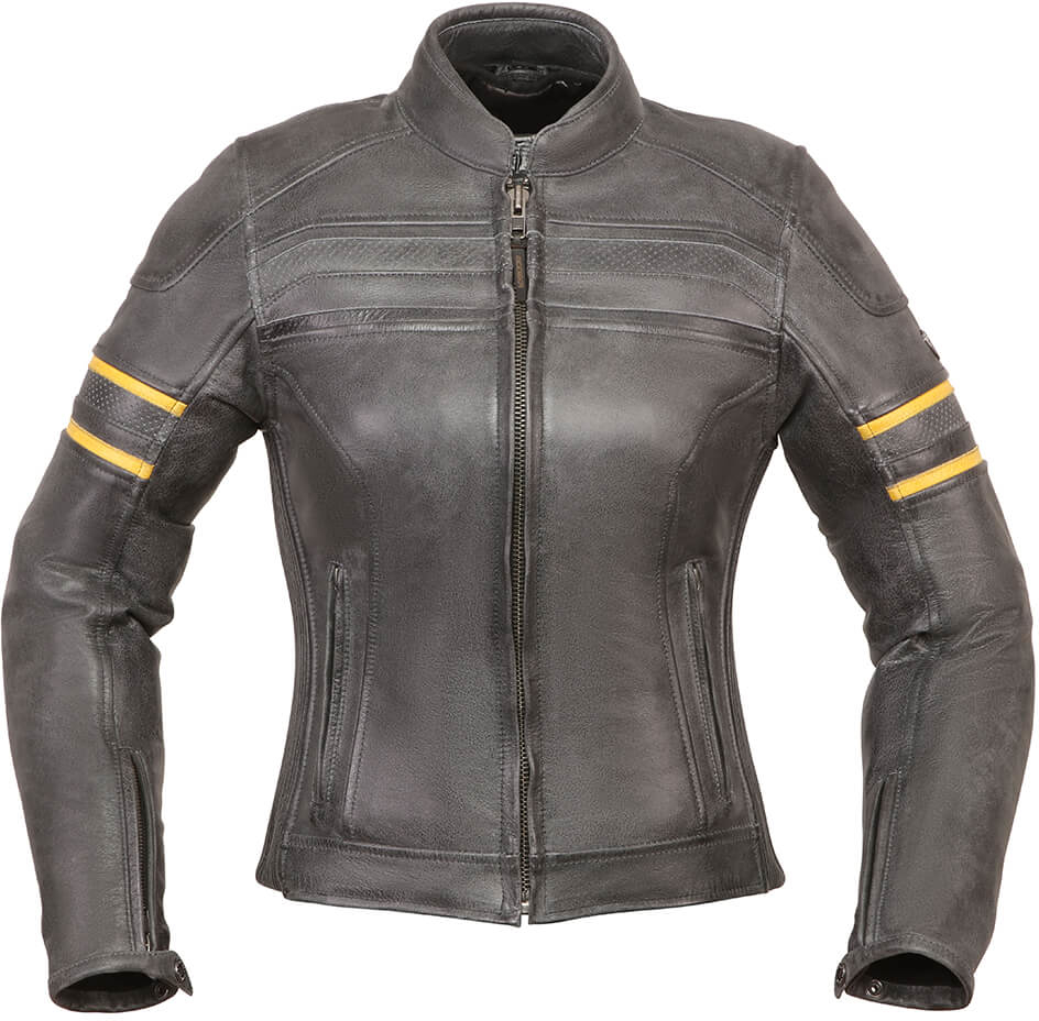 MODEKA Iona Lady Jacket, Leren motorjas dames, Zwart-Geel