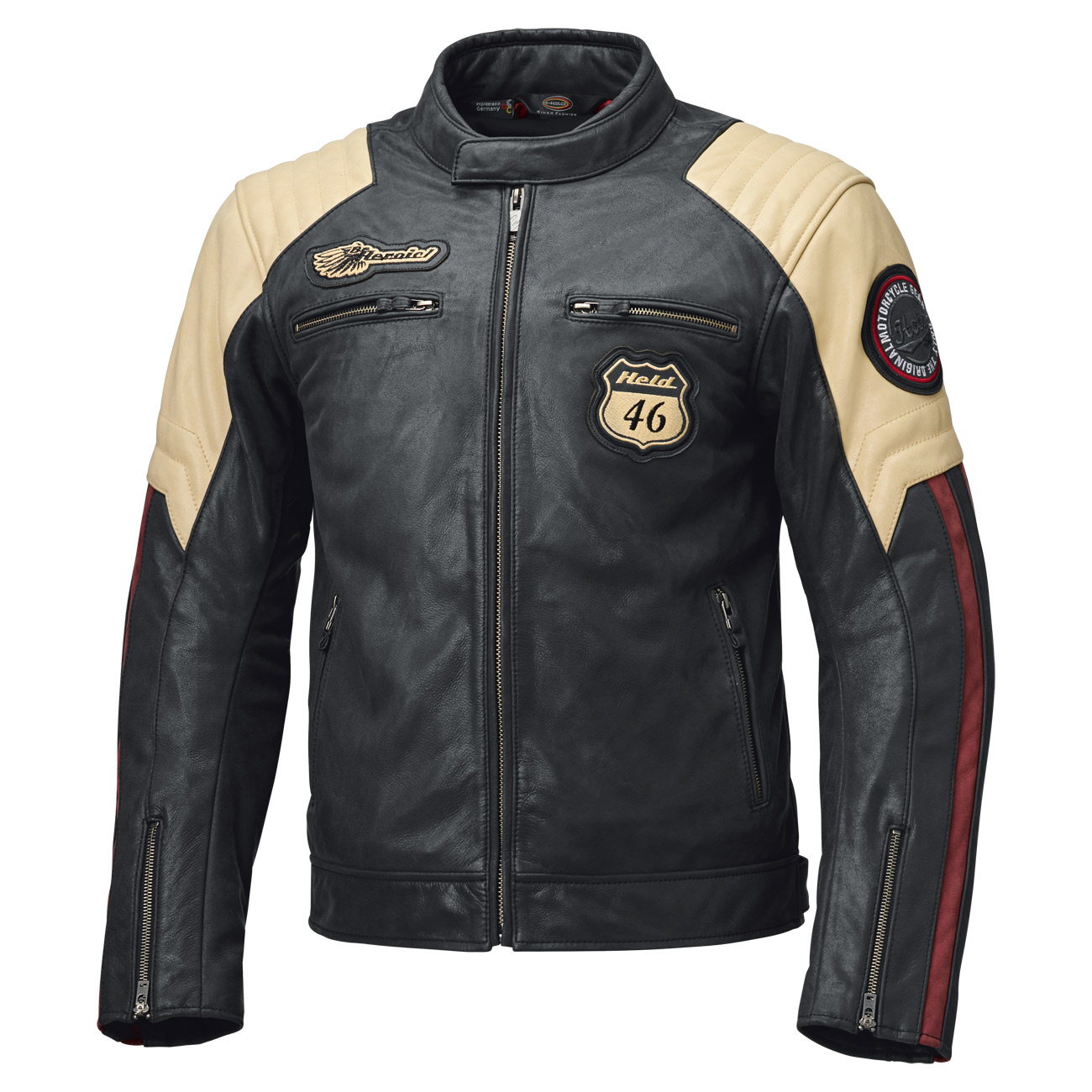 HELD Baker 2, Leren motorjas, Zwart-Beige-Bordeaux